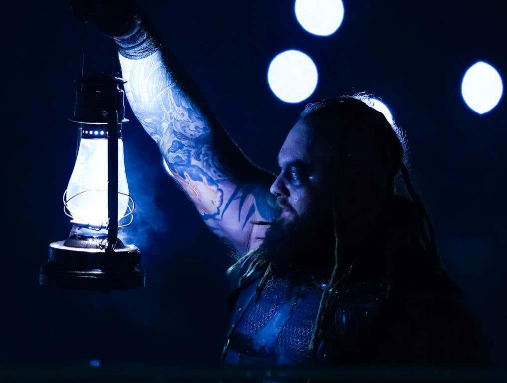 Bray Wyatt enters the arena to fight in the pitch black event during the WWE Royal Rumble event at the Alamodome on January 28, 2023 in San Antonio, Texas.