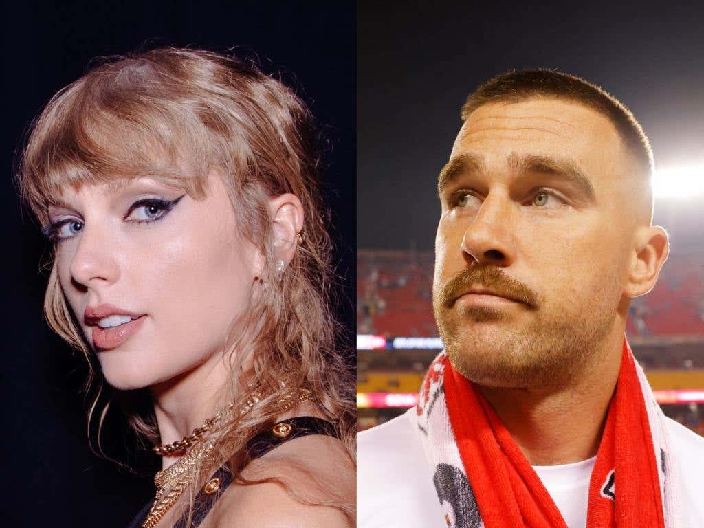 Taylor Swift attends the 2023 MTV Video Music Awards looking to the right with a slight smile and hair pulled back with bangs showing, Travis Kelce #87 of the Kansas City Chiefs at GEHA Field at Arrowhead Stadium looking to the left with a mustache and short faded haircut and red shirt wrapped around his neck over his football jersey