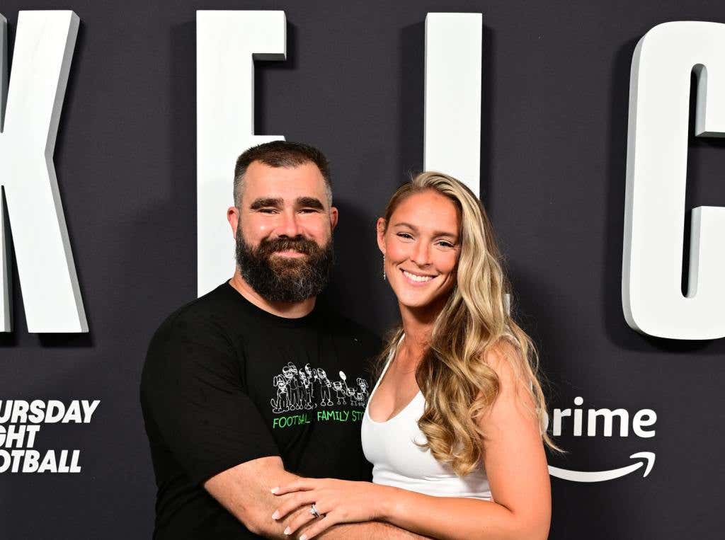 Jason Kelce and Kylie Kelce on the red carpet for the Kelce documentary