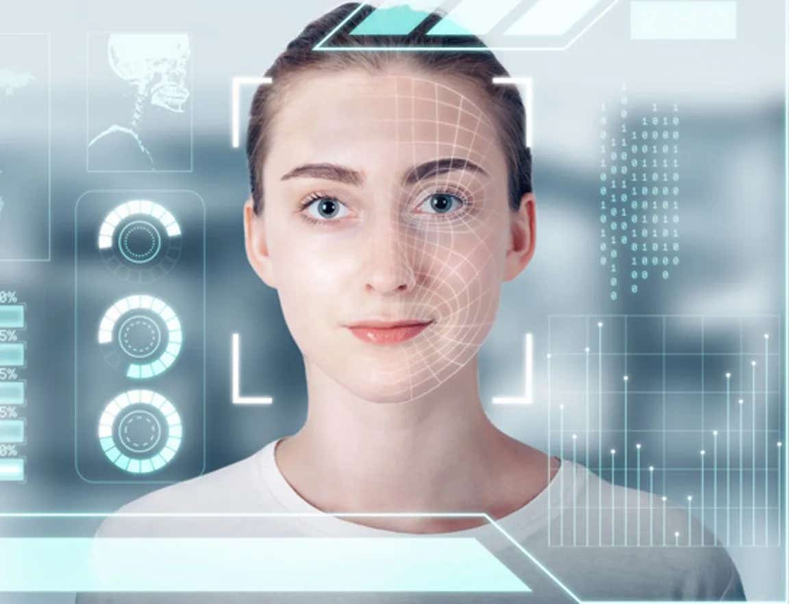 Futuristic Artificial Intelligence Biometric Facial Recognition, Personal AI Identify Face Scan With Smart Virtual Interface Database Technology. Future Identification Facial Access Security Scanning