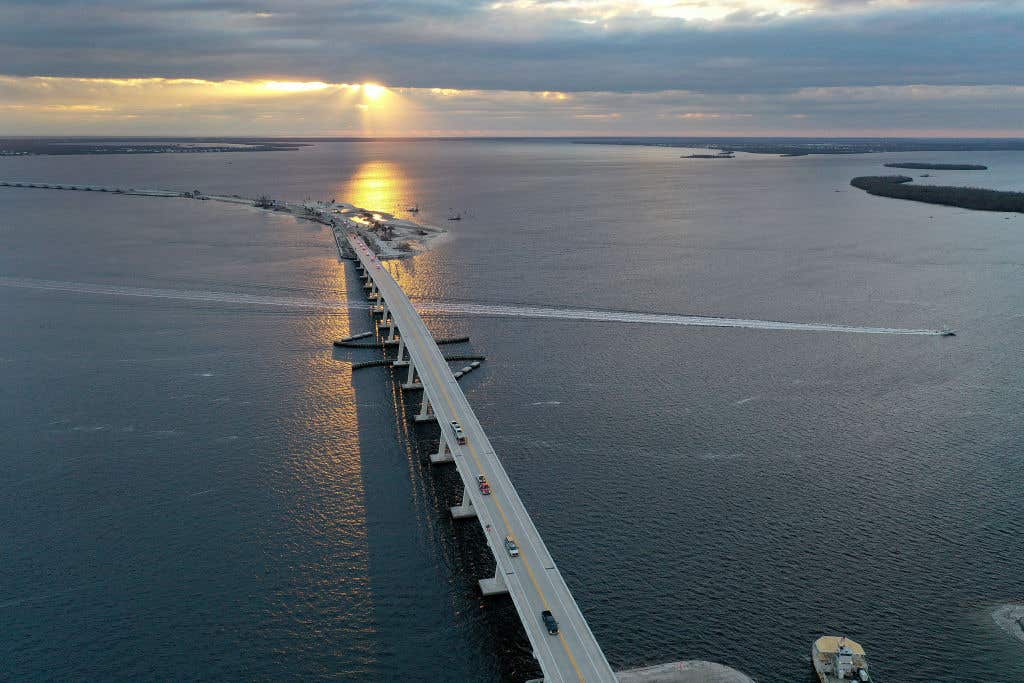 Aerial view of Sanibel Causeway open on Sanibel and Captiva