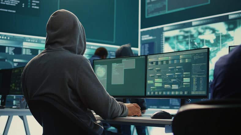 mysterious hooded guy on a computer