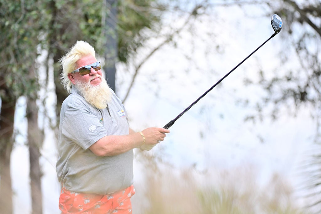 John Daly of the United States plays his shot on the fifth tee during the second round of the Chubb Classic at Tiburon Golf Club on February 17, 2024 in Naples, Florida. 