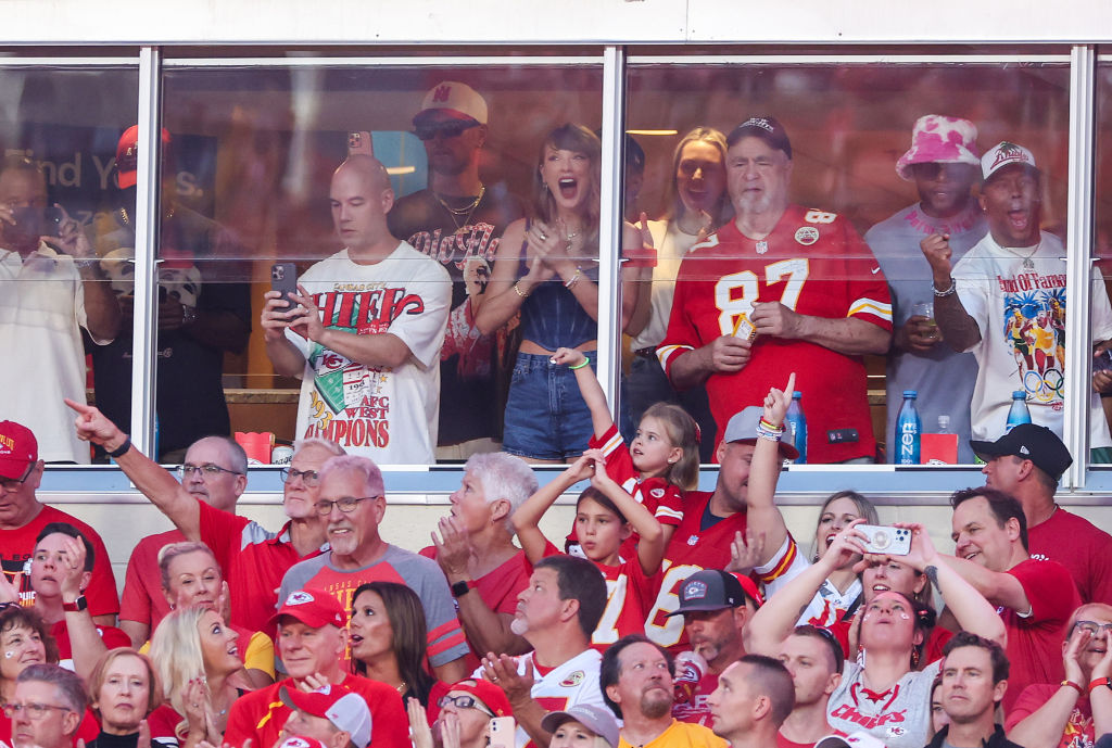  Taylor Swift cheers before the Kansas City Chiefs take on the Baltimore Ravens at GEHA Field at Arrowhead Stadium on September 05, 2024 in Kansas City, Missouri. 