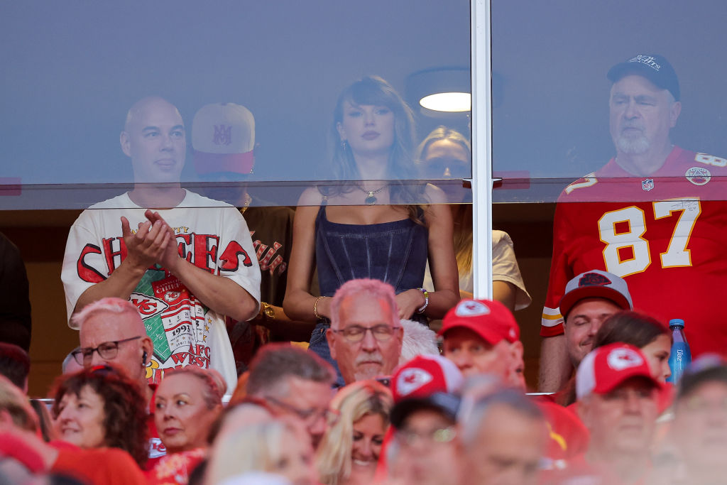 Taylor Swift watches as the Kansas City Chiefs take on the Baltimore Ravens at GEHA Field at Arrowhead Stadium on September 05, 2024 in Kansas City, Missouri. 