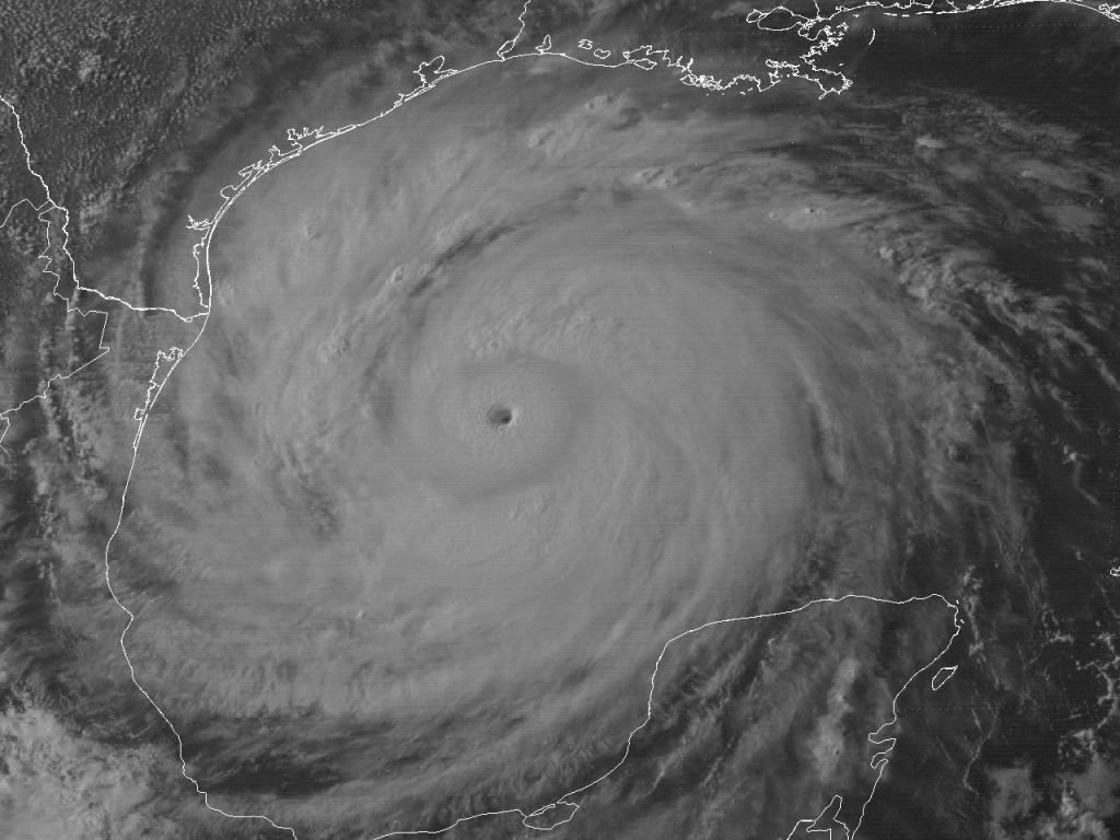 SMS-2 visible satellite image of Hurricane Allen at 5:30 PM CDT August 8, 1980, nearing its third category 5 maximum intensity across the Western Gulf of Mexico.